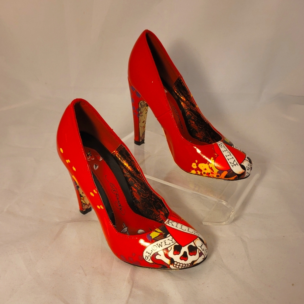 Vintage Y2K Red Ed Hardy "Love Kills Slowly" Tattoo Heels